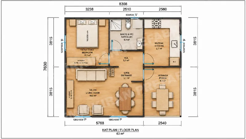 1+1 · 63 m² · Single-storey prefab home image 9