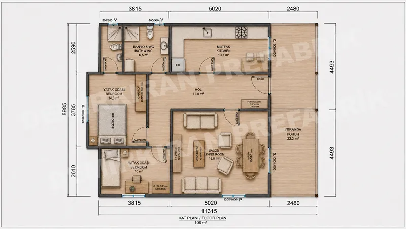 3+1 106 m² Tek Katlı Prefabrik Konut görsel 8
