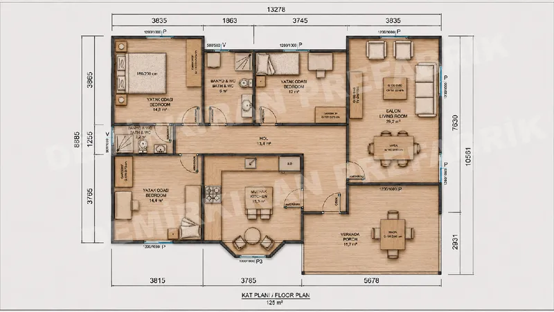 4+1 125 m² Tek Katlı Prefabrik Konut görsel 9